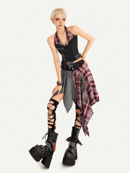 Nico Molly Punk Plaid Striped Patchwork Asymmetric Shirt Women&