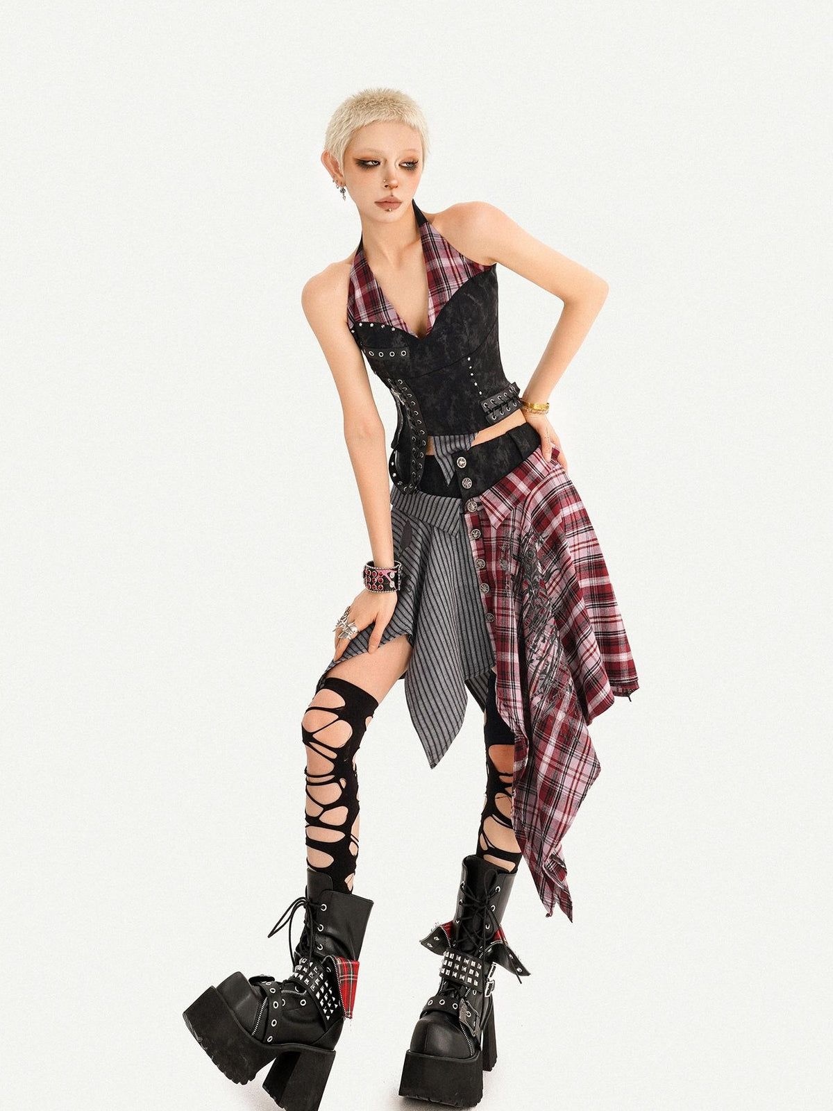 Nico Molly Punk Plaid Striped Patchwork Asymmetric Shirt Women&