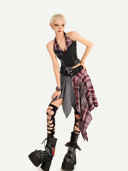 Nico Molly Punk Plaid Striped Patchwork Asymmetric Shirt Women&