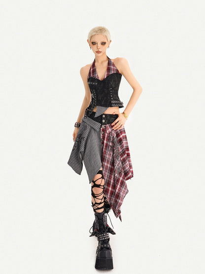 Nico Molly Punk Plaid Striped Patchwork Asymmetric Shirt Women&