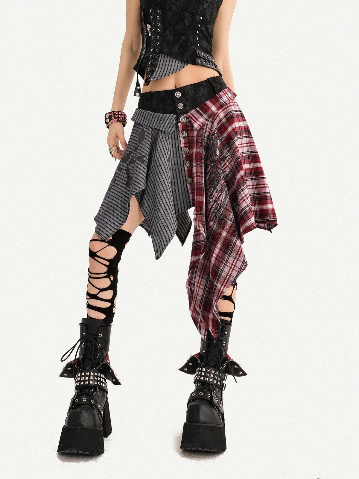 Nico Molly Punk Plaid Striped Patchwork Asymmetric Shirt Women&