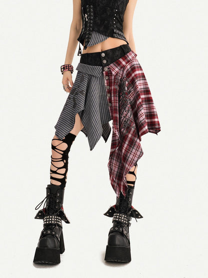 Nico Molly Punk Plaid Striped Patchwork Asymmetric Shirt Women&