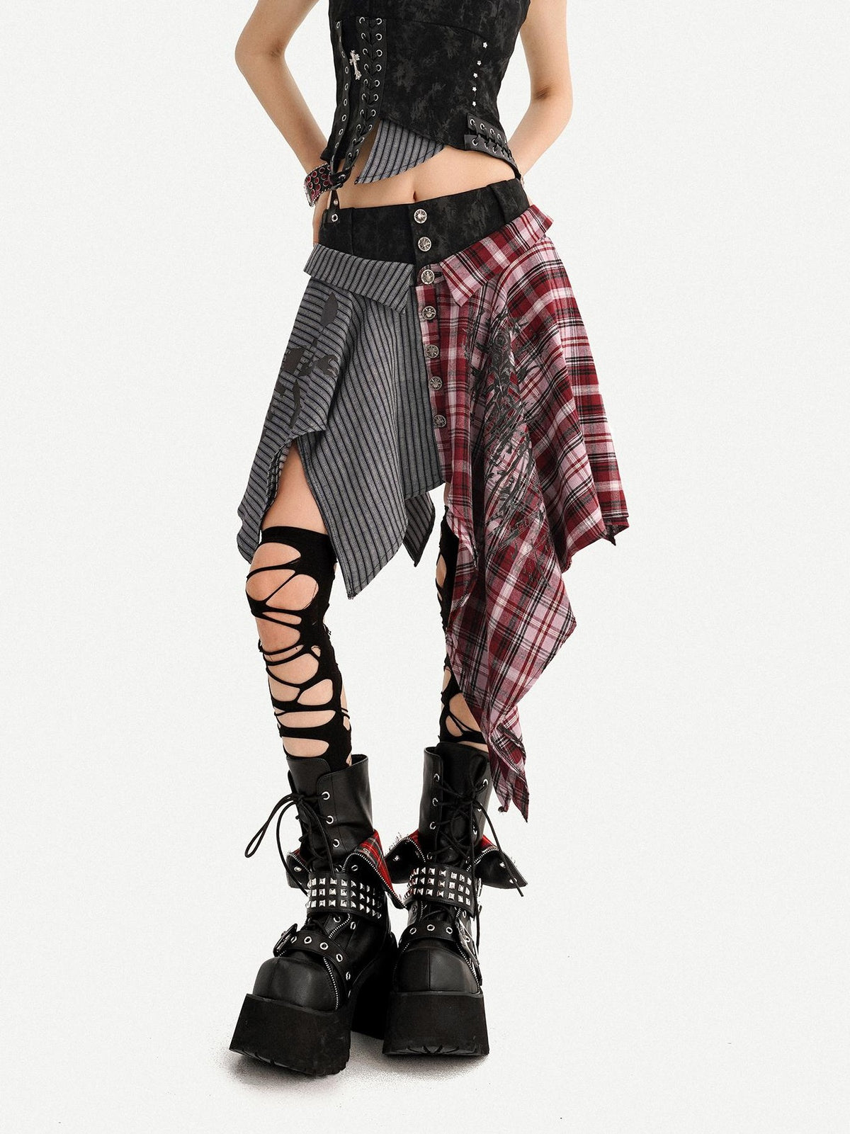 Nico Molly Punk Plaid Striped Patchwork Asymmetric Shirt Women&