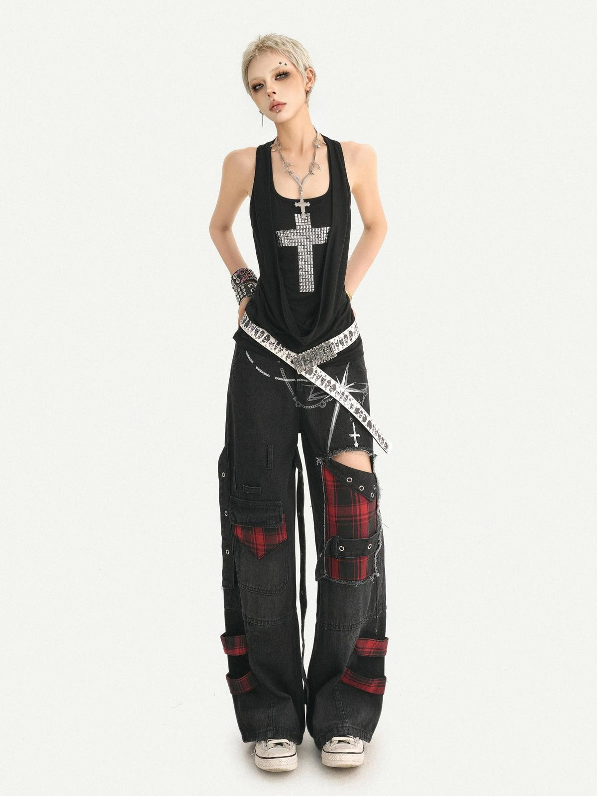 Nico Molly Punk Ripped Distressed U Neck A Line Narrow Strap Women&