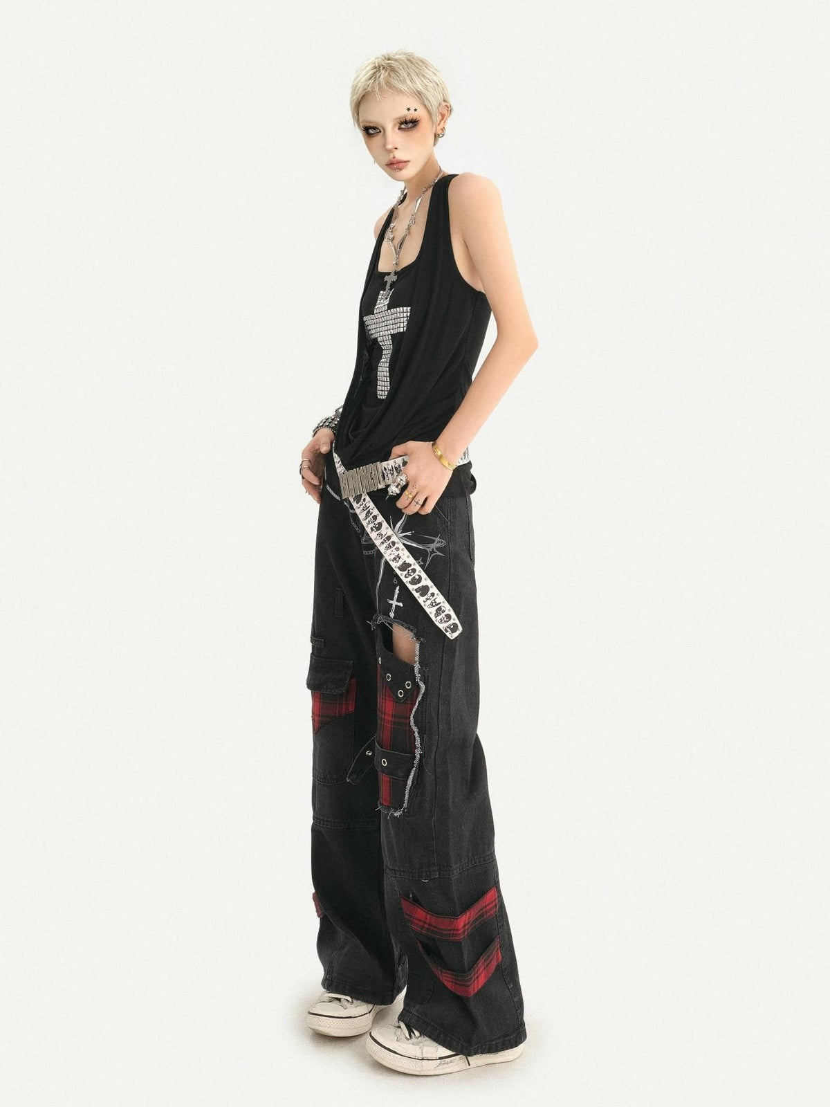 Nico Molly Punk Ripped Distressed U Neck A Line Narrow Strap Women&