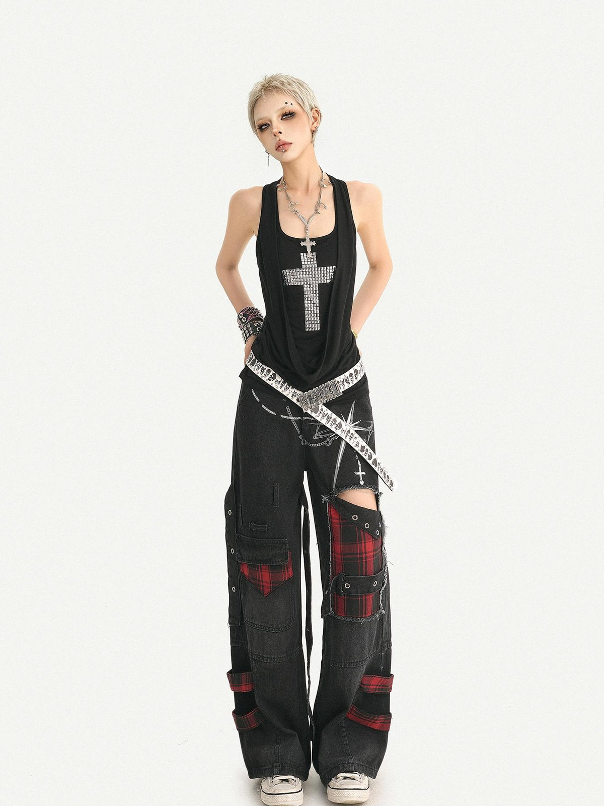 Nico Molly Punk Ripped Distressed U Neck A Line Narrow Strap Women&