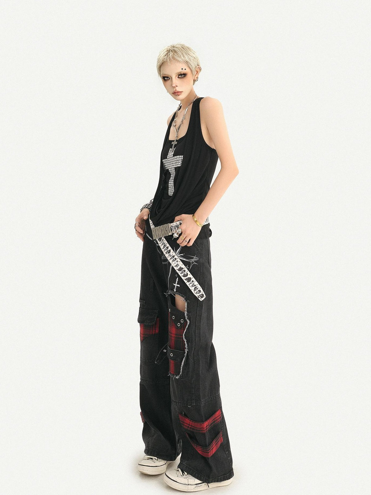 Nico Molly Punk Ripped Distressed U Neck A Line Narrow Strap Women&