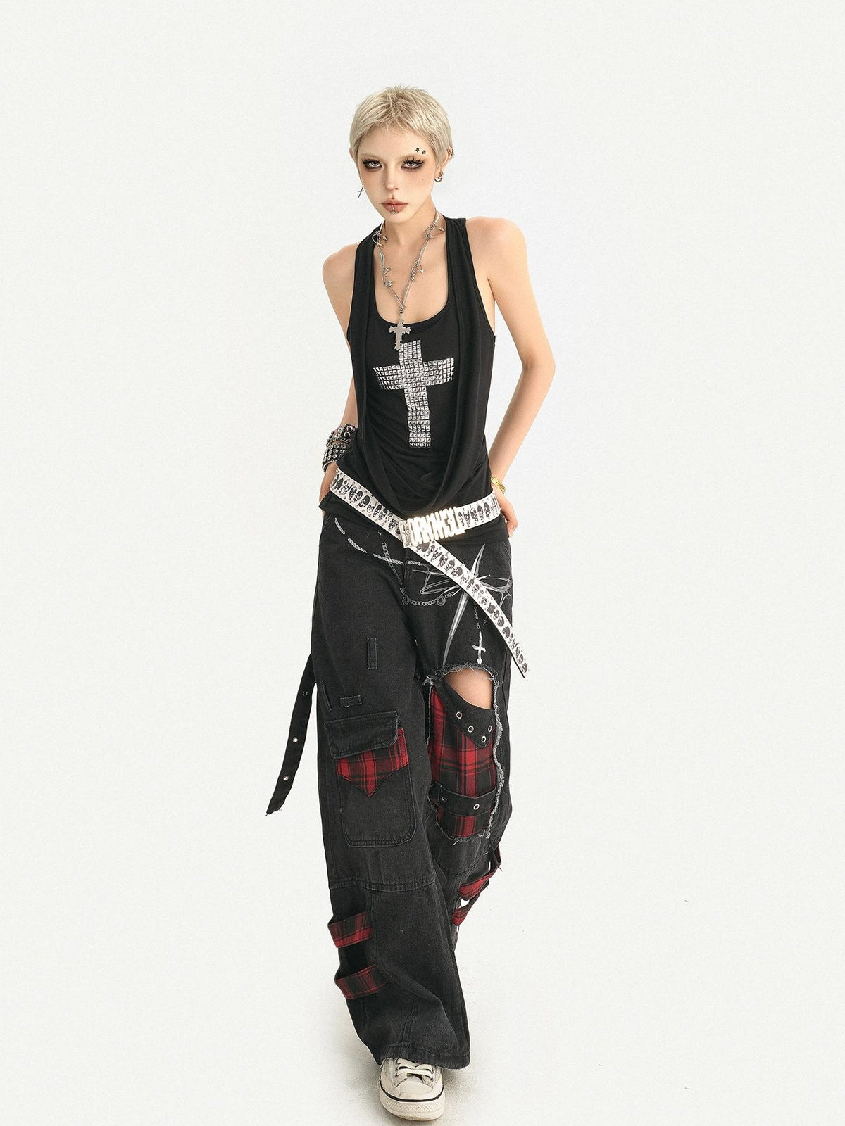 Nico Molly Punk Ripped Distressed U Neck A Line Narrow Strap Women&
