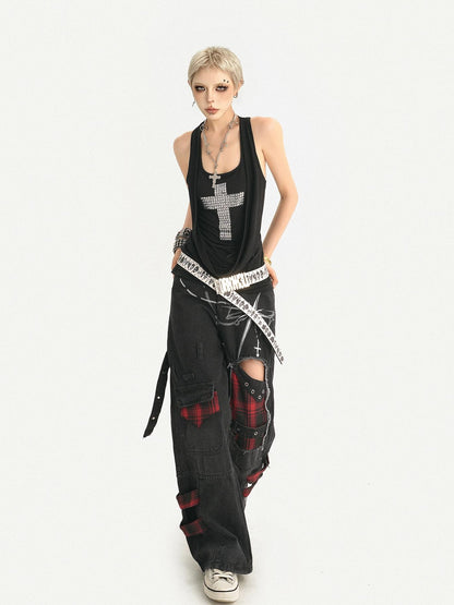 Nico Molly Punk Ripped Distressed U Neck A Line Narrow Strap Women&