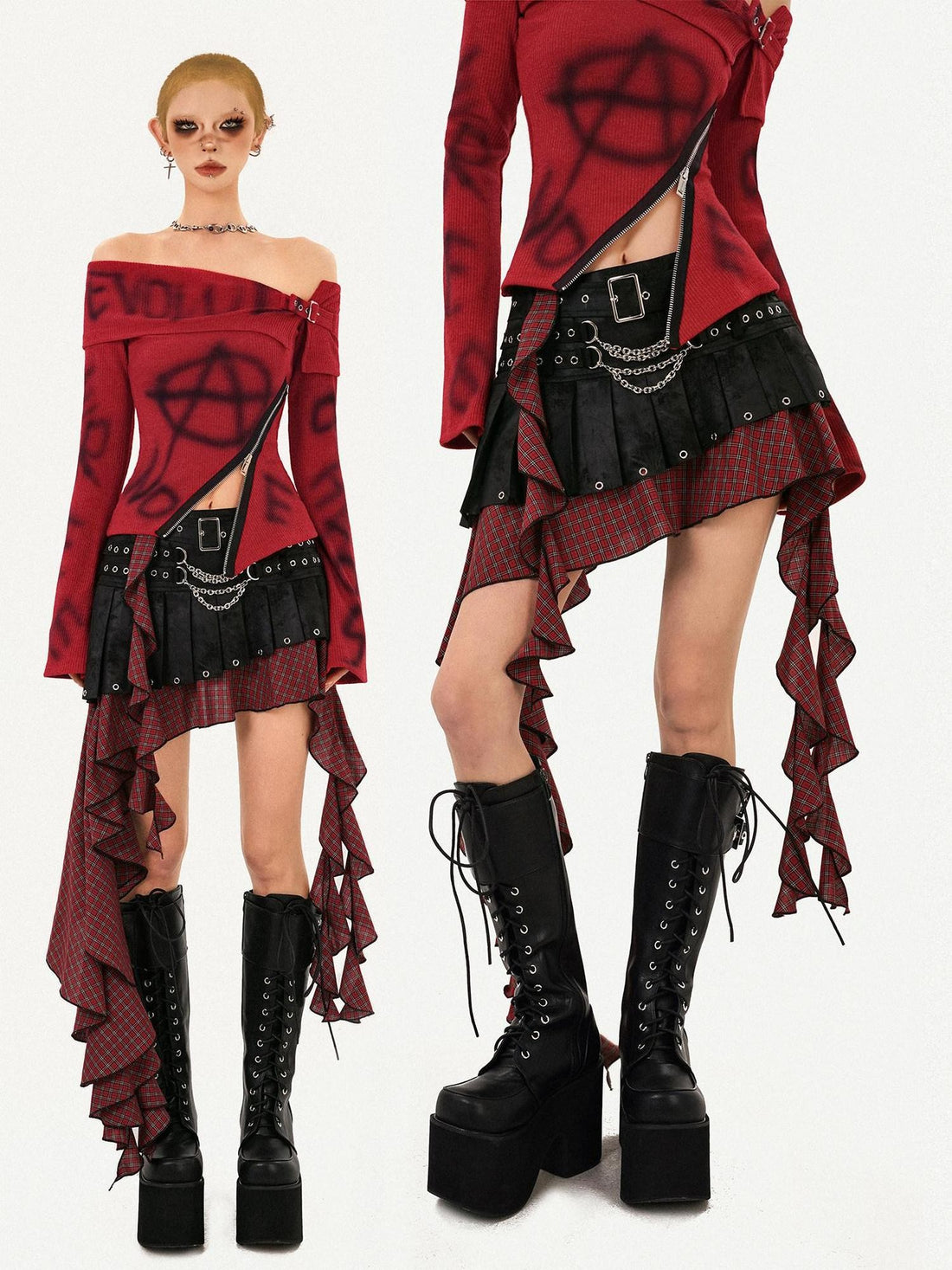 Nico Molly Punk Rock Plaid Patchwork Asymmetric Tassel Low Waist Women&