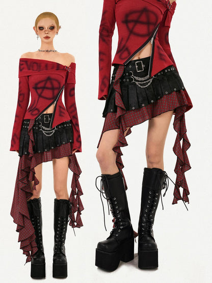 Nico Molly Punk Rock Plaid Patchwork Asymmetric Tassel Low Waist Women&