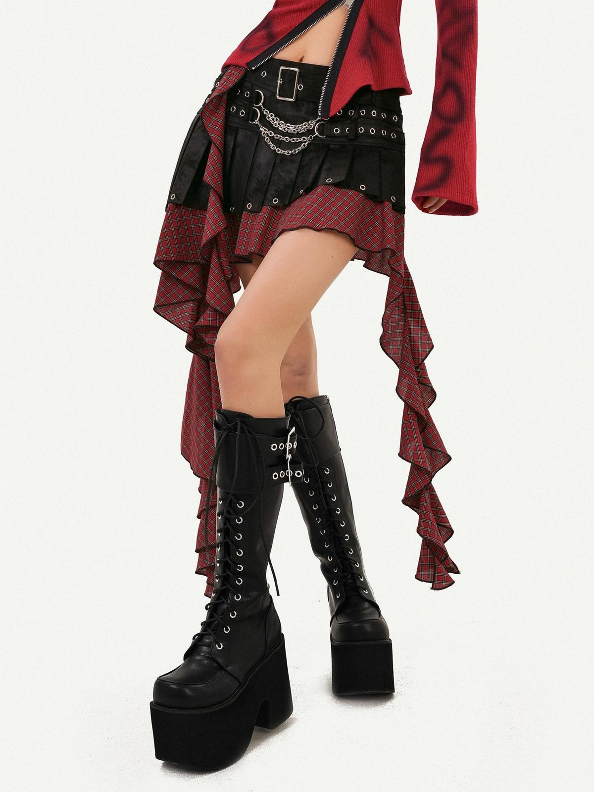 Nico Molly Punk Rock Plaid Patchwork Asymmetric Tassel Low Waist Women&