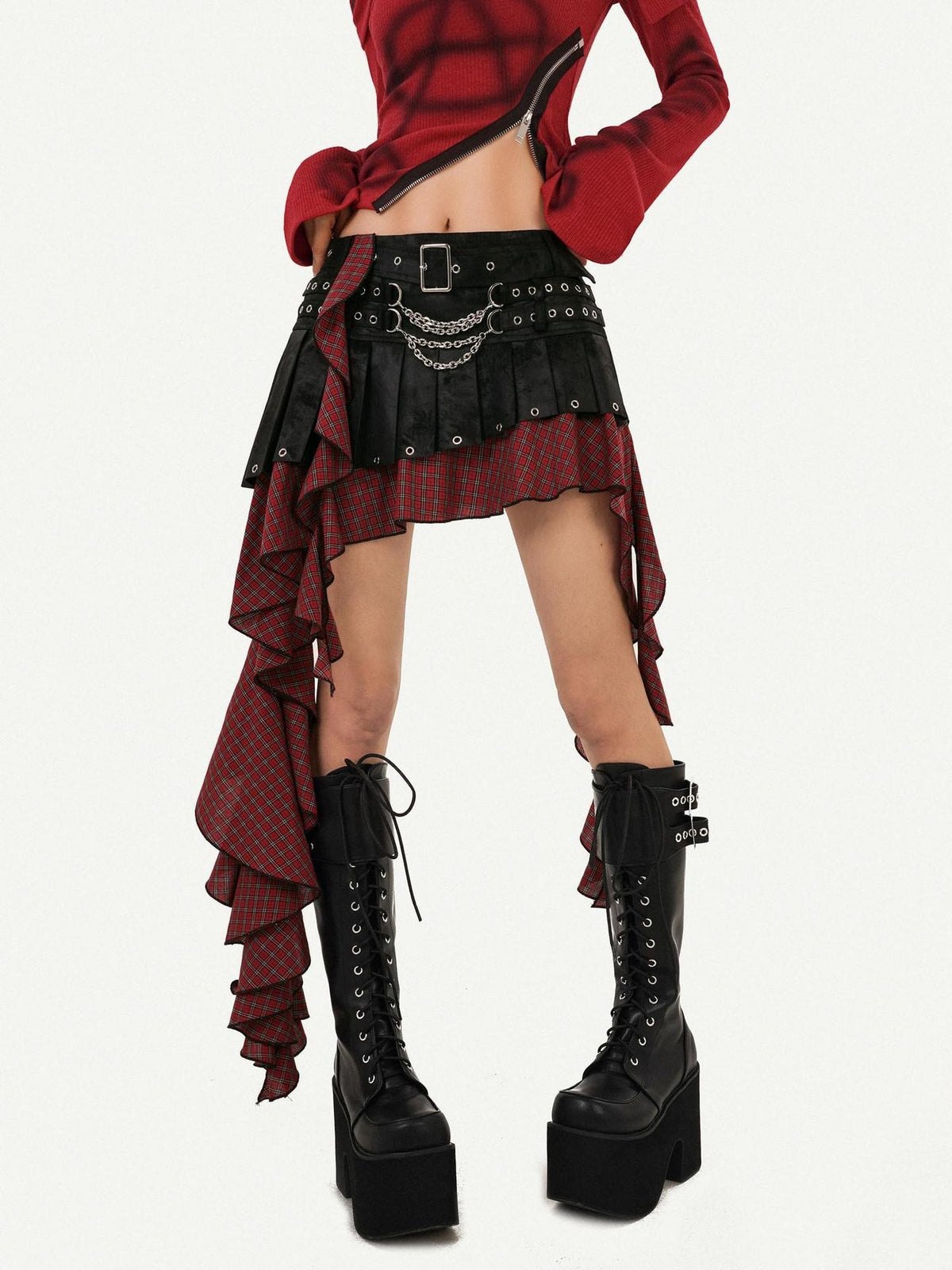 Nico Molly Punk Rock Plaid Patchwork Asymmetric Tassel Low Waist Women&