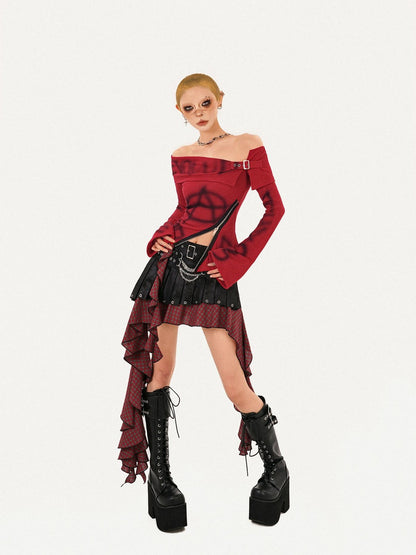 Nico Molly Punk Rock Plaid Patchwork Asymmetric Tassel Low Waist Women&