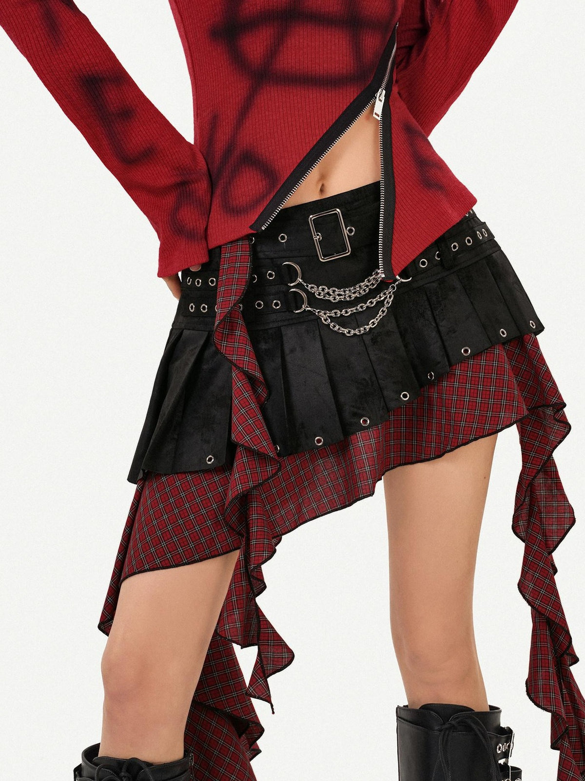 Nico Molly Punk Rock Plaid Patchwork Asymmetric Tassel Low Waist Women&