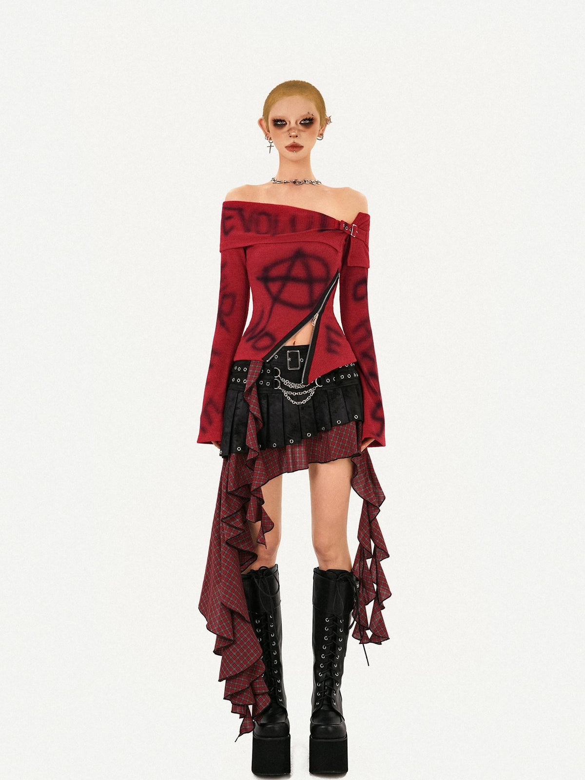 Nico Molly Punk Rock Plaid Patchwork Asymmetric Tassel Low Waist Women&