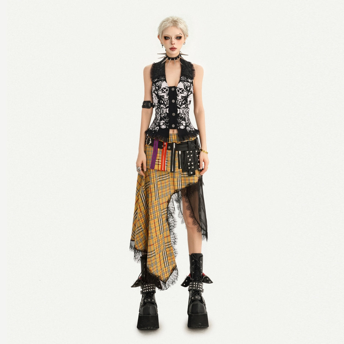 Nico_Molly_Punk_Skull_Print_Lace_Splice_U_Neck_Slim_Fit_Women&