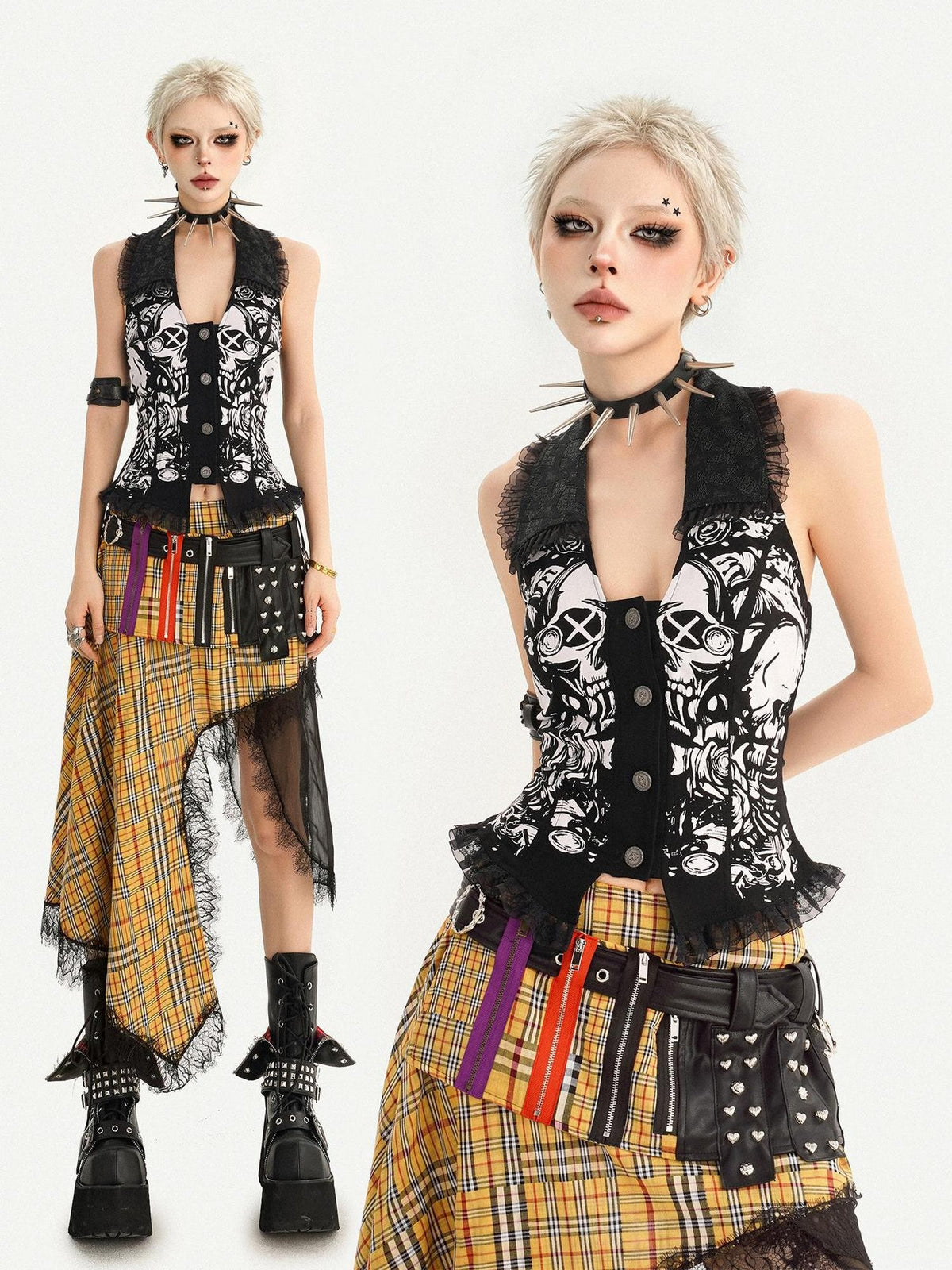 Nico Molly Punk Skull Print Lace Splice U Neck Slim Fit Women&