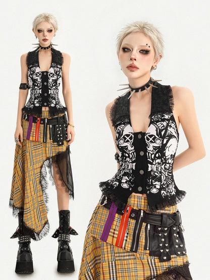 Nico Molly Punk Skull Print Lace Splice U Neck Slim Fit Women&