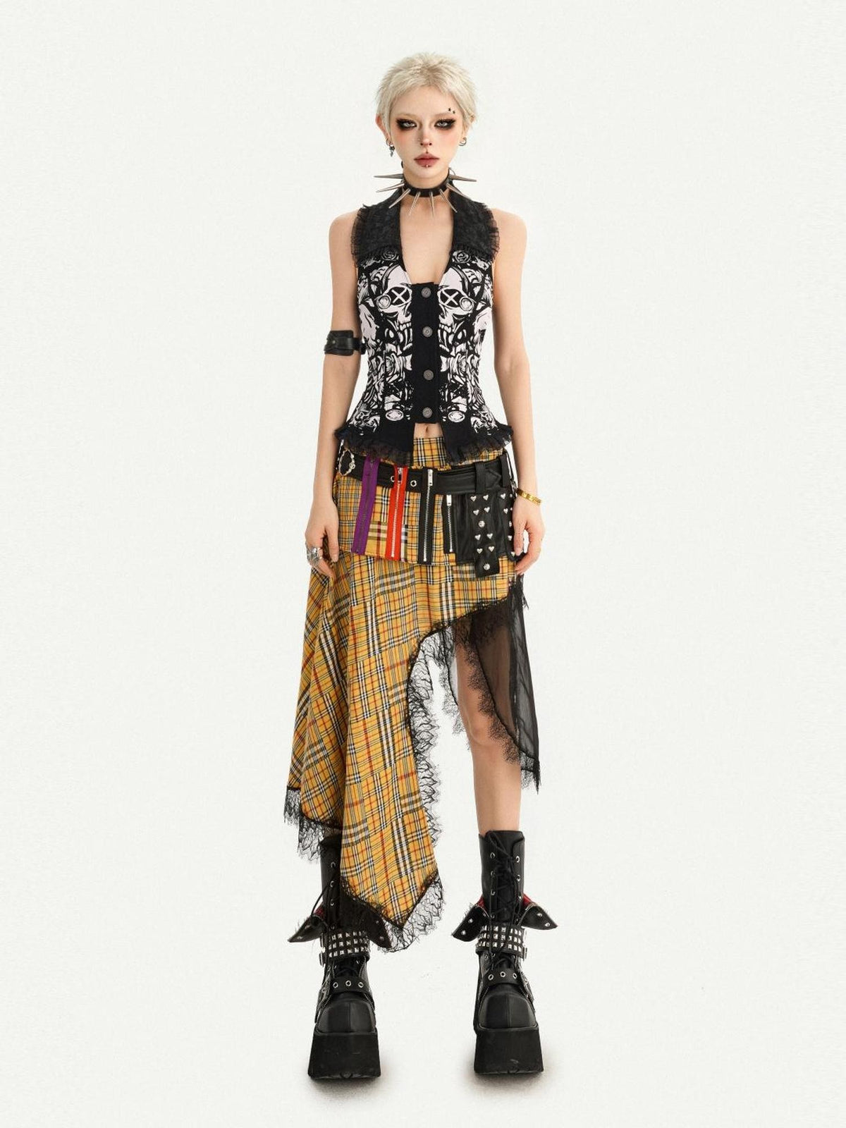 Nico Molly Punk Skull Print Lace Splice U Neck Slim Fit Women&