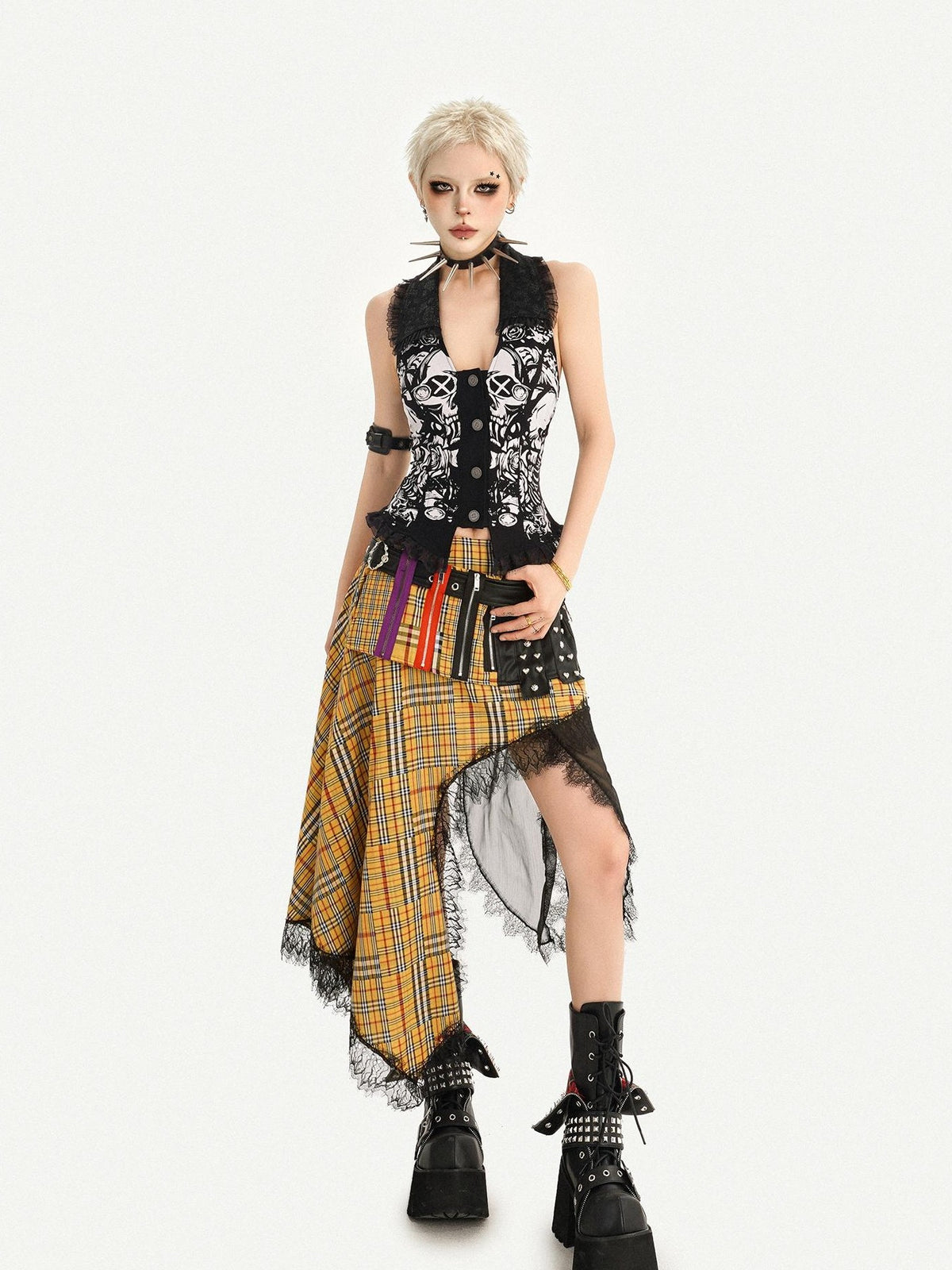 Nico Molly Punk Skull Print Lace Splice U Neck Slim Fit Women&