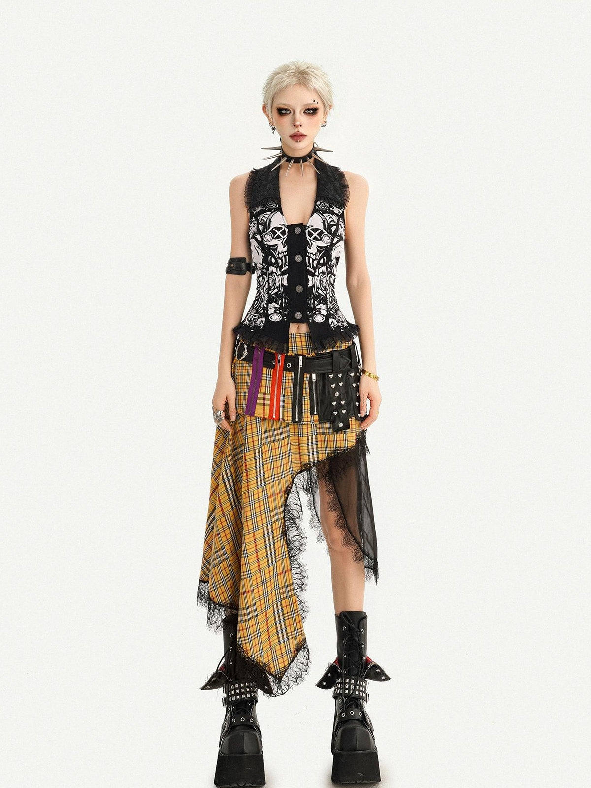 Nico Molly Punk Skull Print Lace Splice U Neck Slim Fit Women&