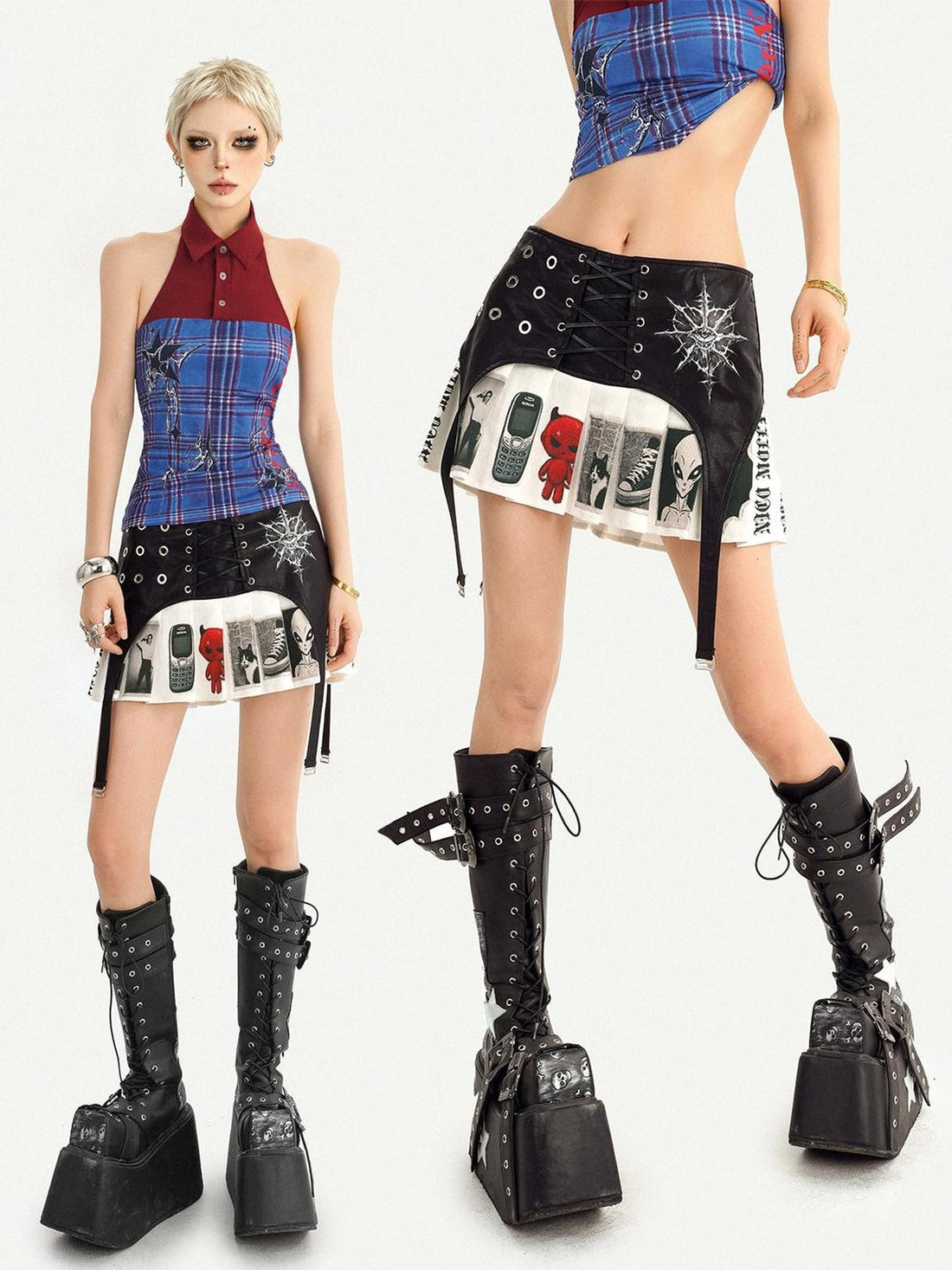 Nico Molly Punk Studded Graffiti Asymmetric Low Waist A Line Women&