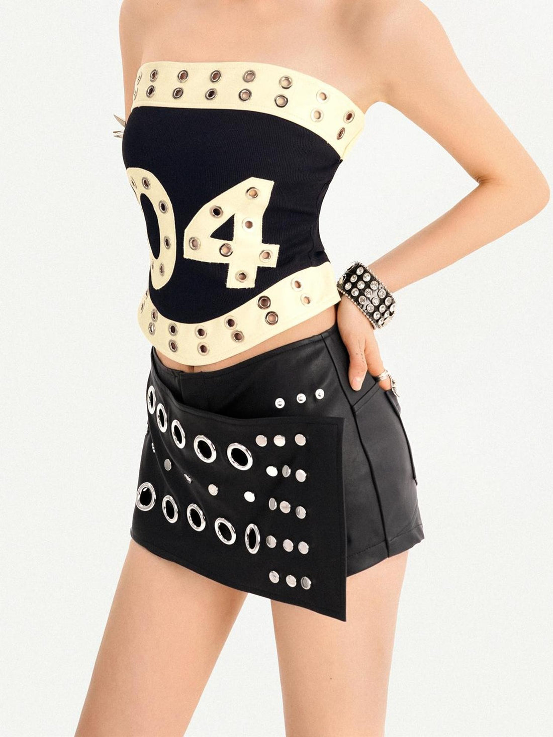 Nico Molly Punk Studded Letter Print Slim Short Women&