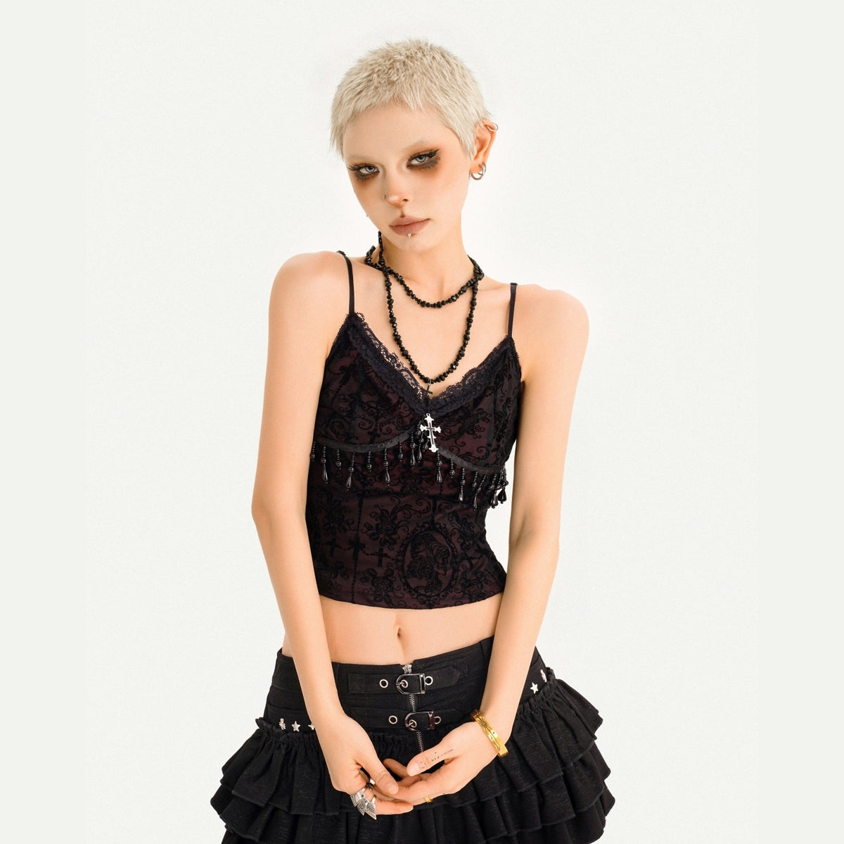 Nico_Molly_Punk_Tassel_V-neck_A_Line_Thin_Strap_Cropped_Black_Women&