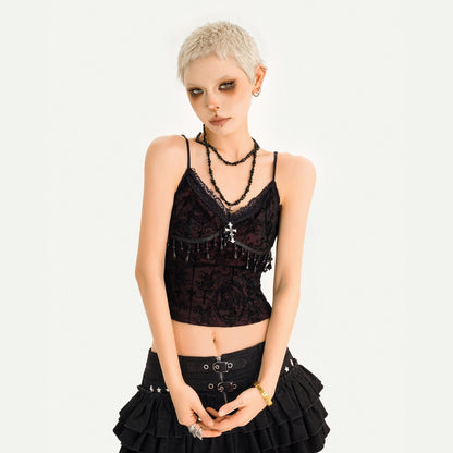 Nico_Molly_Punk_Tassel_V-neck_A_Line_Thin_Strap_Cropped_Black_Women&