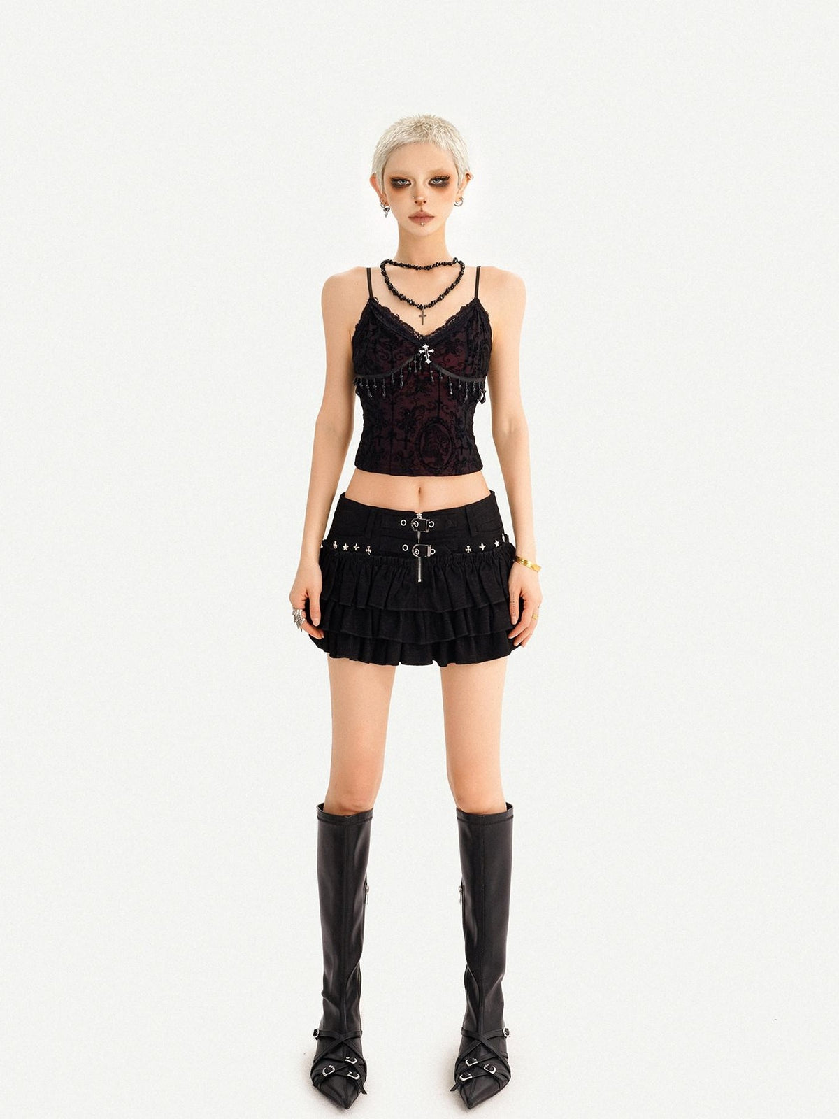 Nico Molly Punk Tassel V-neck A Line Thin Strap Cropped Black Women&