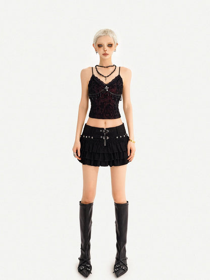 Nico Molly Punk Tassel V-neck A Line Thin Strap Cropped Black Women&