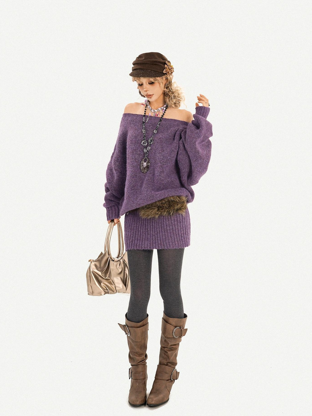 Nico Molly Purple Asymmetric One Shoulder Batwing Slim Women&