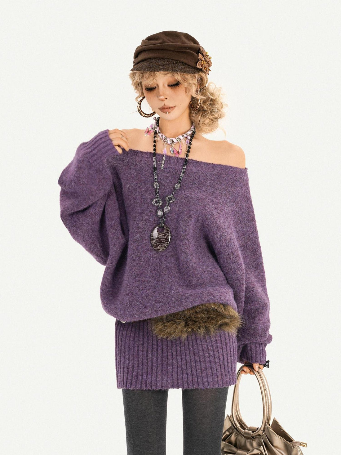 Nico Molly Purple Asymmetric One Shoulder Batwing Slim Women&