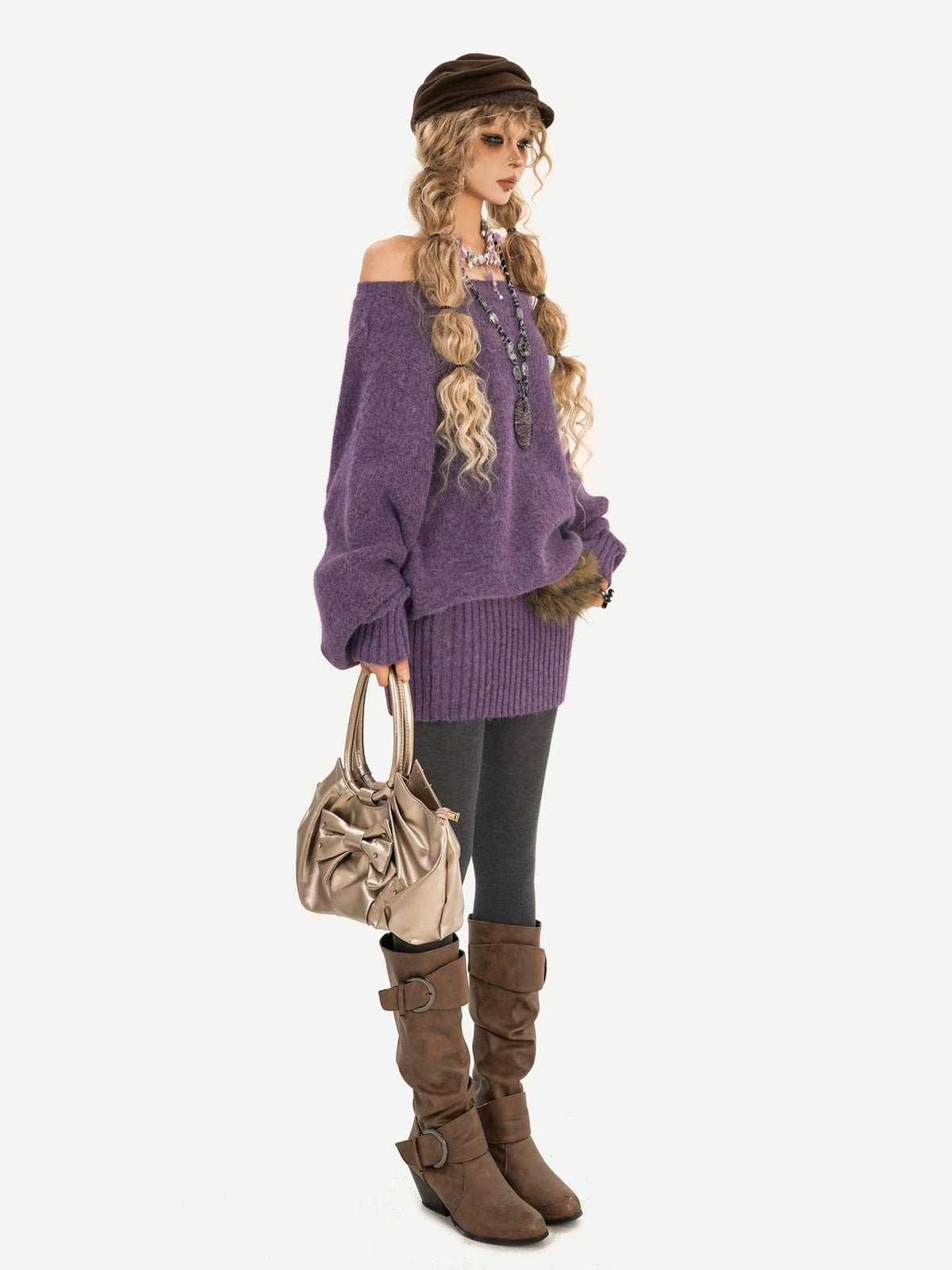 Nico Molly Purple Asymmetric One Shoulder Batwing Slim Women&
