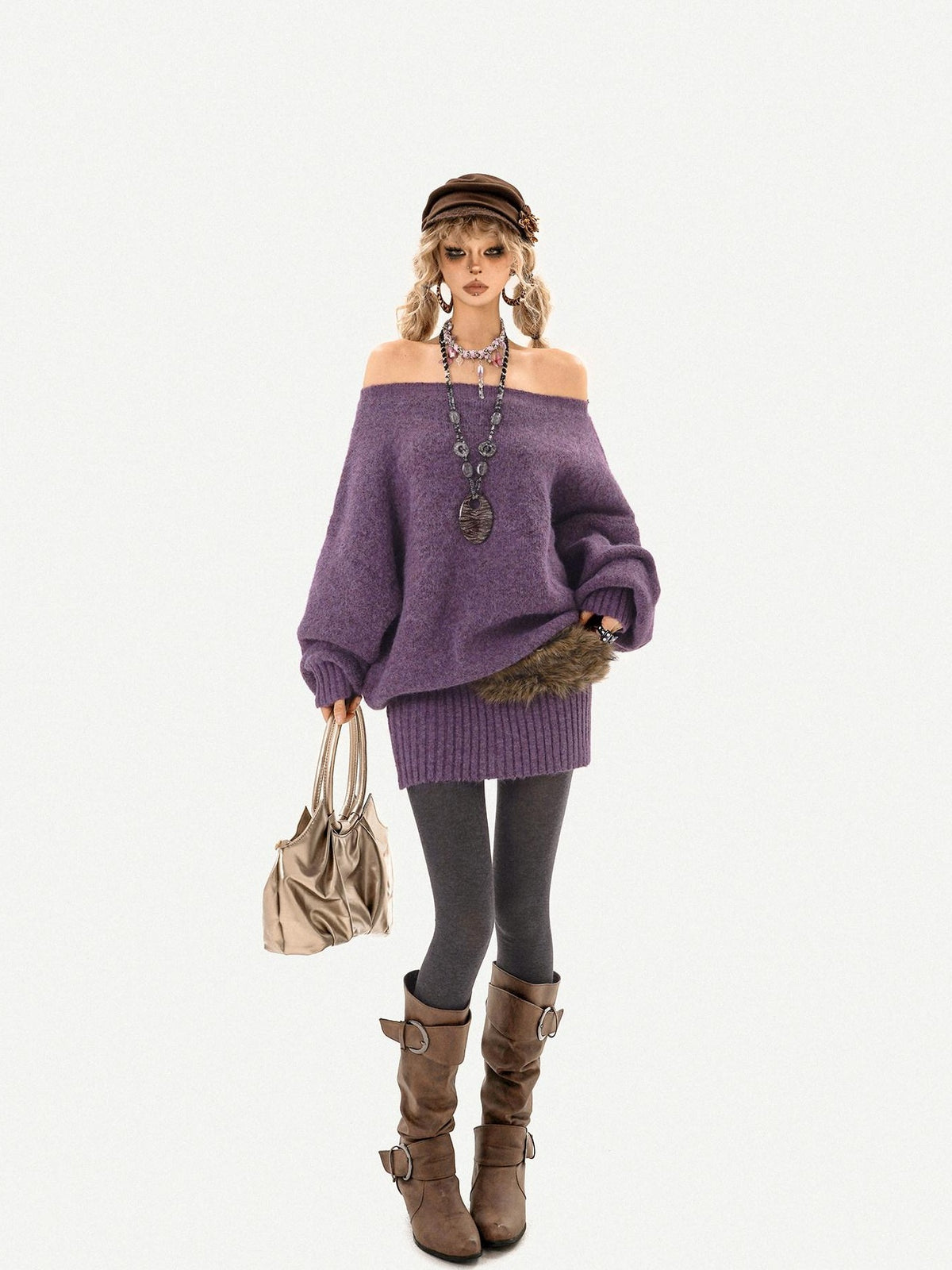 Nico Molly Purple Asymmetric One Shoulder Batwing Slim Women&