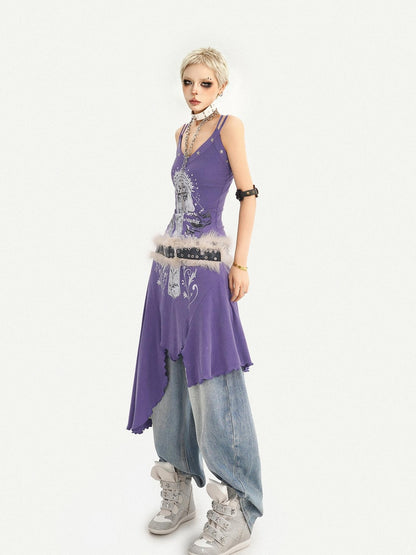 Nico Molly Purple Gothic Printed Asymmetric Hem Spaghetti Strap Women&
