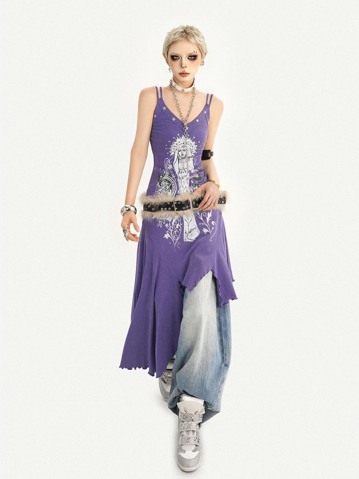 Nico Molly Purple Gothic Printed Asymmetric Hem Spaghetti Strap Women&