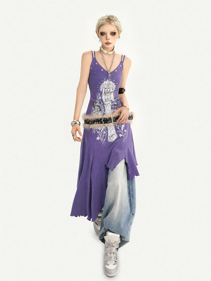 Nico Molly Purple Gothic Printed Asymmetric Hem Spaghetti Strap Women&