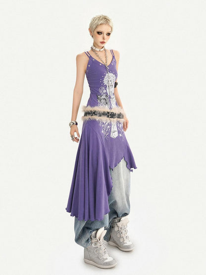 Nico Molly Purple Gothic Printed Asymmetric Hem Spaghetti Strap Women&