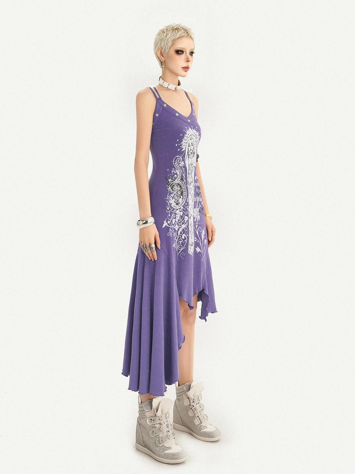 Nico Molly Purple Gothic Printed Asymmetric Hem Spaghetti Strap Women&