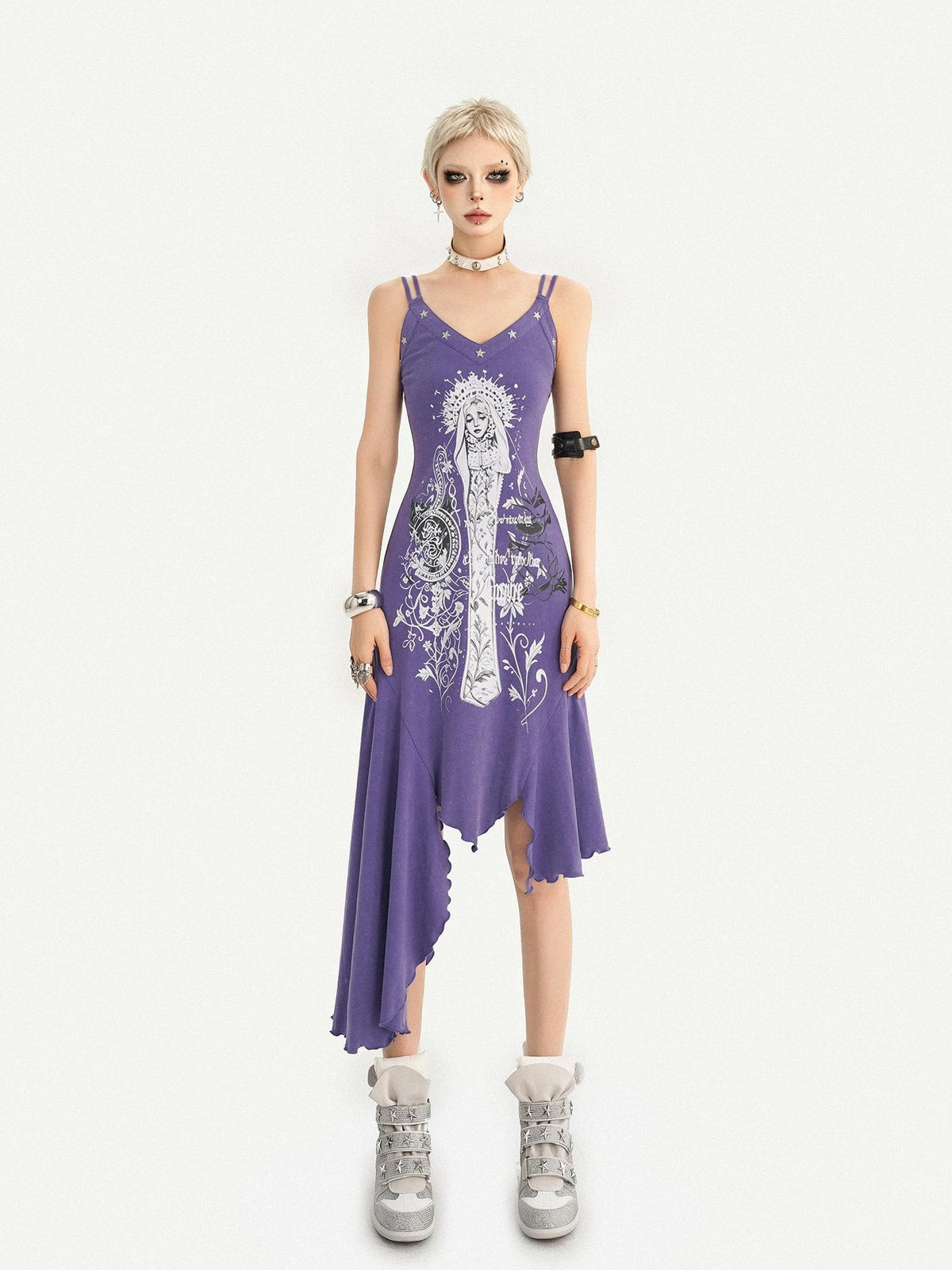 Nico Molly Purple Gothic Printed Asymmetric Hem Spaghetti Strap Women&