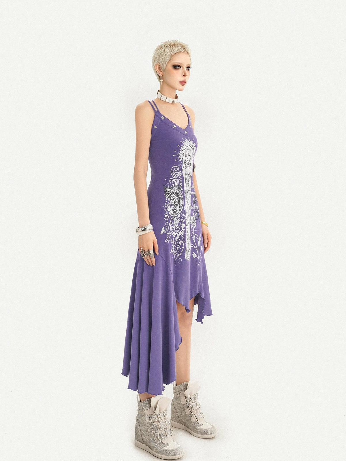 Nico Molly Purple Gothic Printed Asymmetric Hem Spaghetti Strap Women&