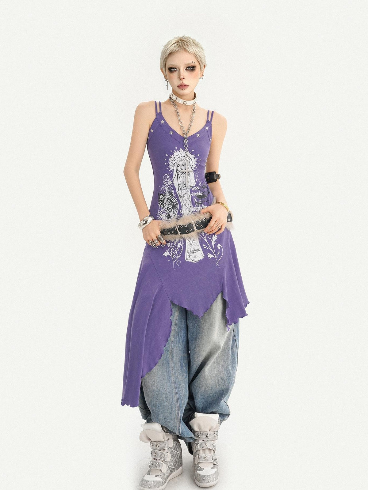 Nico Molly Purple Gothic Printed Asymmetric Hem Spaghetti Strap Women&