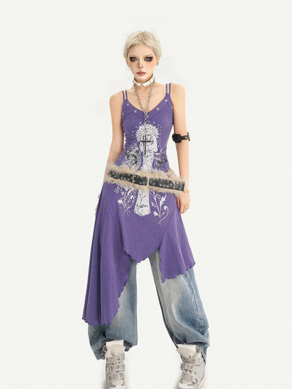 Nico Molly Purple Gothic Printed Asymmetric Hem Spaghetti Strap Women&