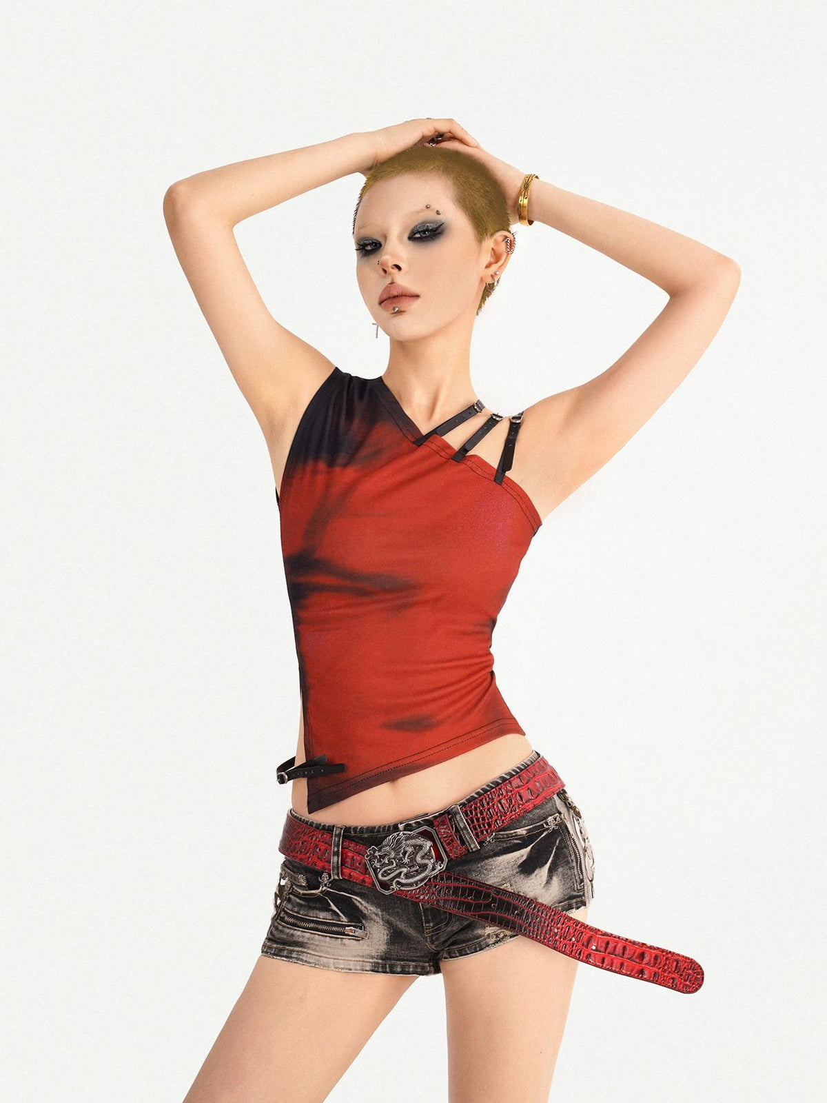 Nico Molly Red Asymmetrical Off Shoulder Twist Knot Narrow Strap Slim Women&