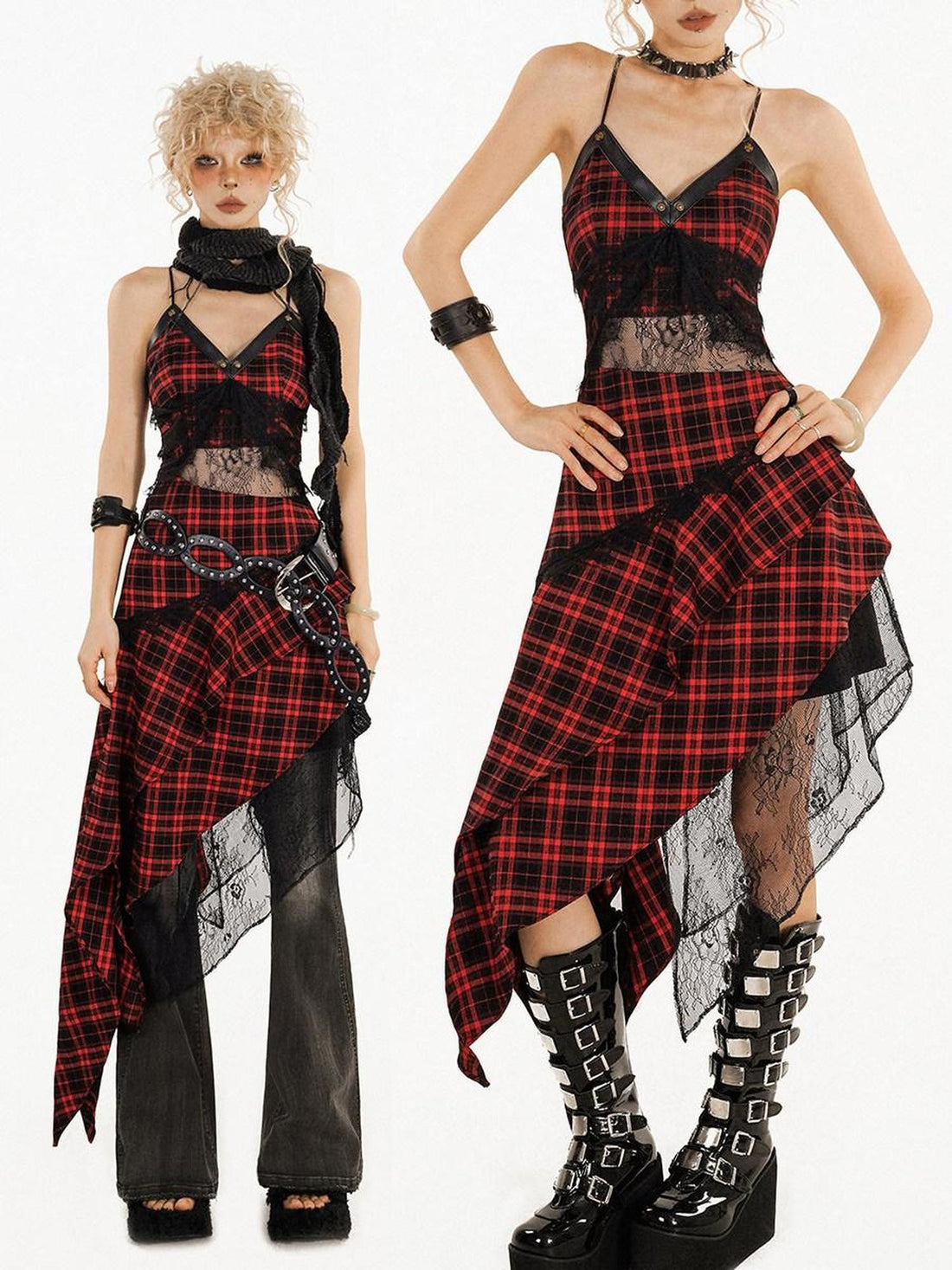Nico Molly Red Black Plaid Lace Spliced Irregular A Line Women&