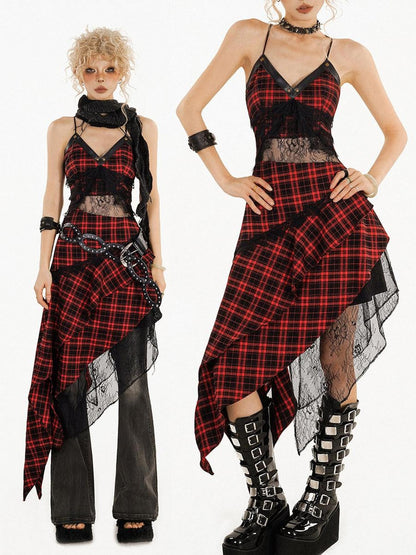 Nico Molly Red Black Plaid Lace Spliced Irregular A Line Women&