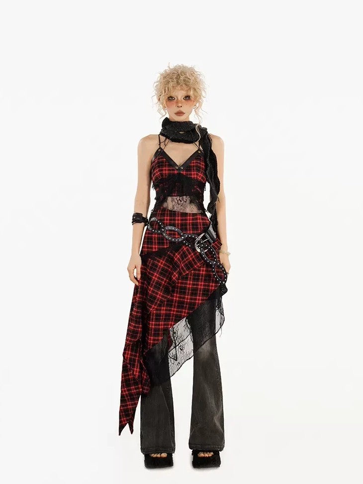 Nico Molly Red Black Plaid Lace Spliced Irregular A Line Women&