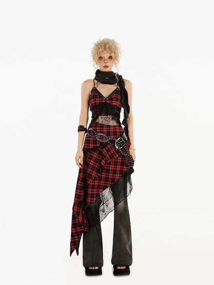 Nico Molly Red Black Plaid Lace Spliced Irregular A Line Women&